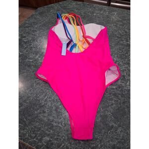 Live Life on The Beach One Piece Swimsuit Bathing Suit Sz S Strappy Rainbow Neon